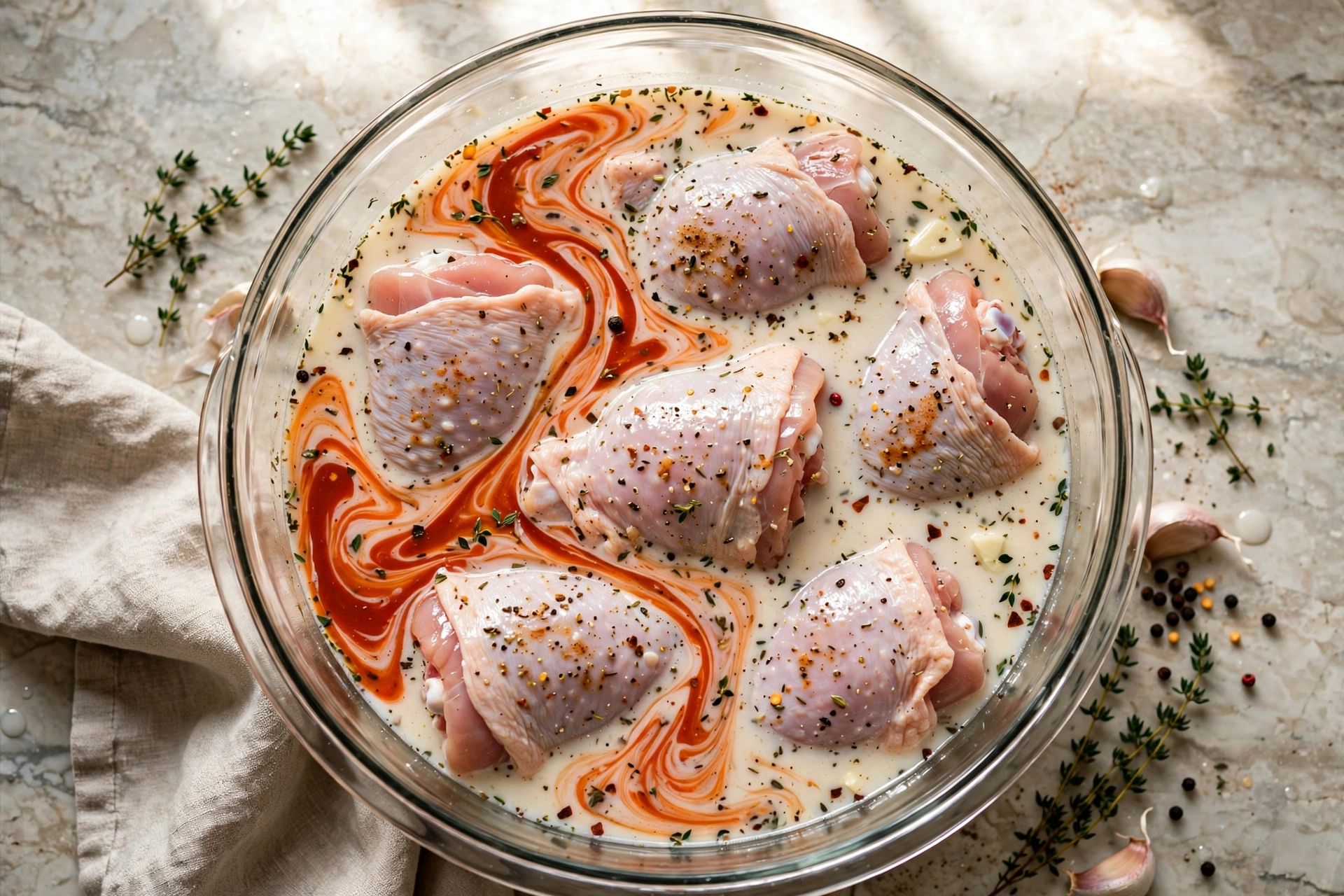 Chicken thighs soaking in seasoned buttermilk brine