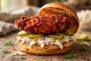 Crispy Nashville hot chicken sandwich with pickles on a brioche bun