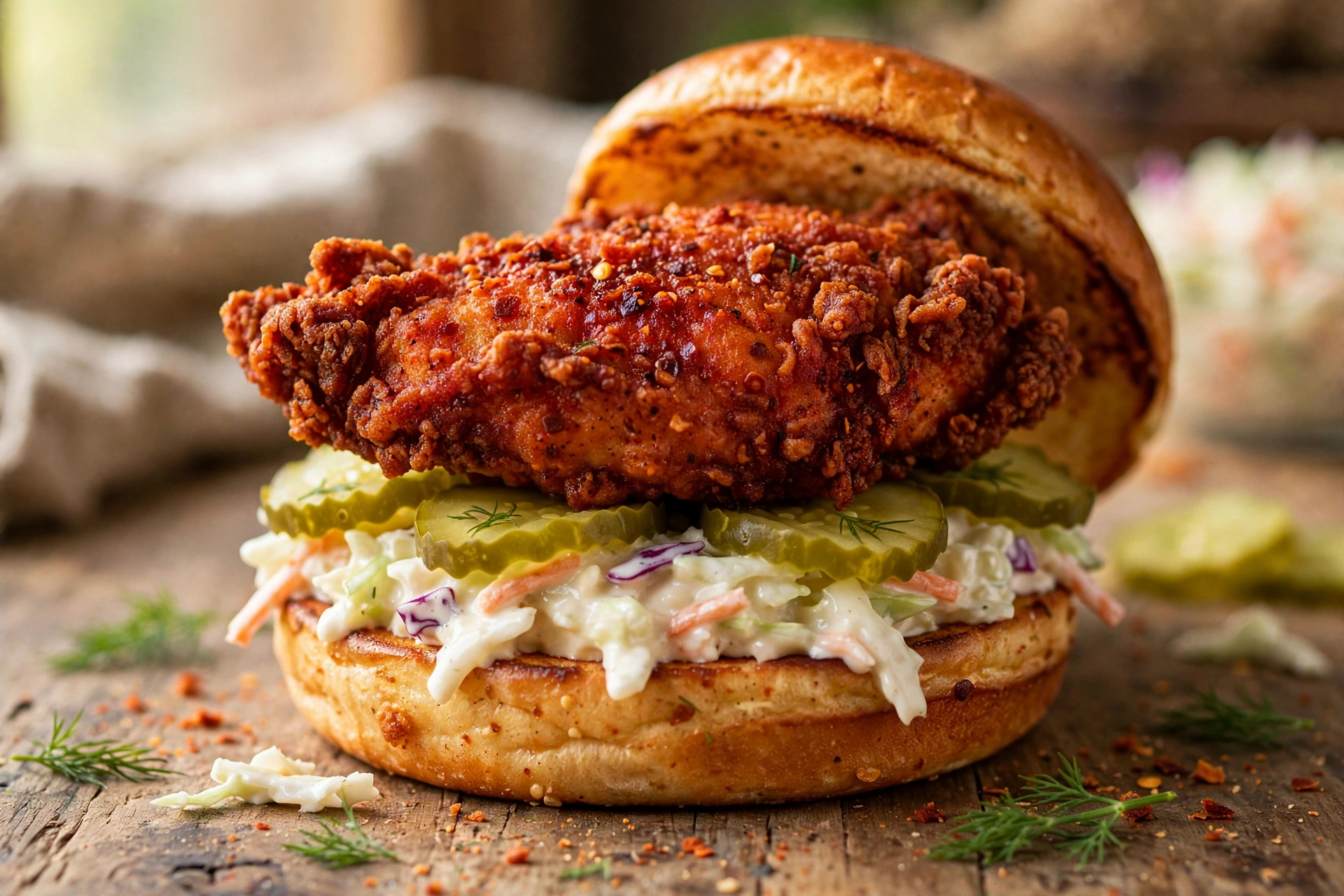 Crispy Nashville hot chicken sandwich with pickles on a brioche bun