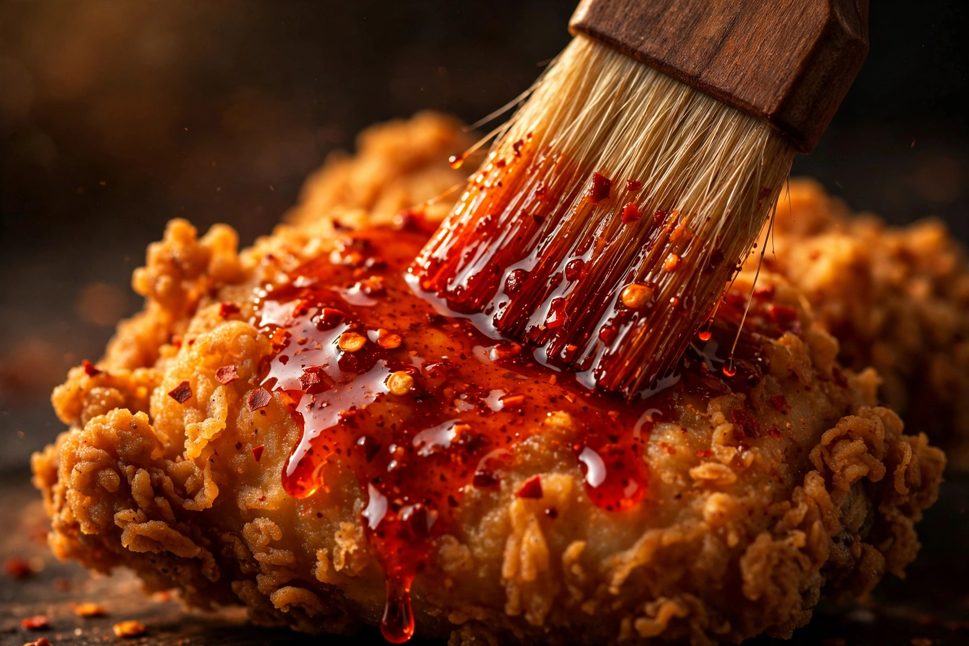 Cayenne-spiced hot oil being brushed over fried chicken