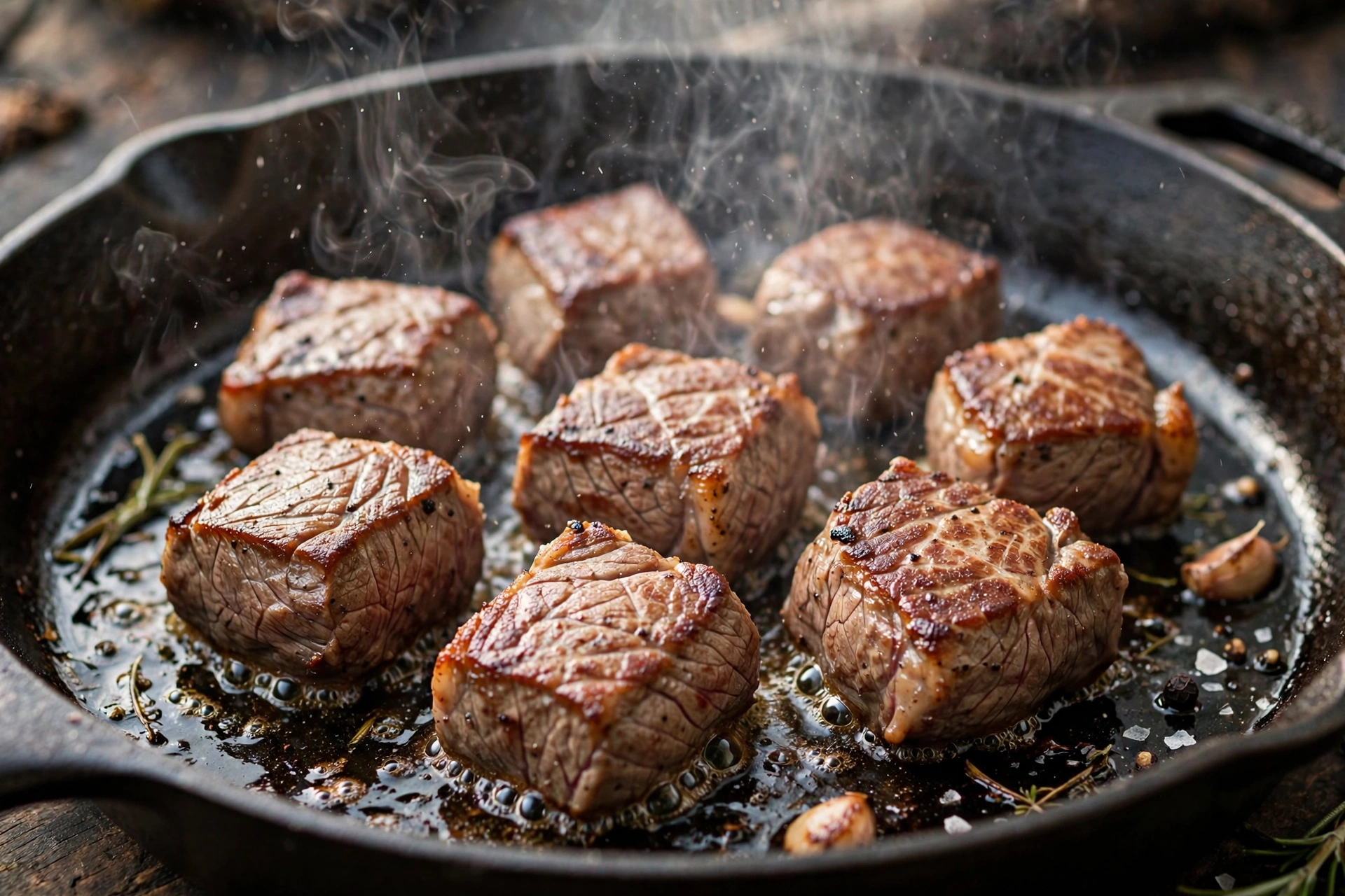 Beef sirloin cubes searing in a hot cast iron skillet, developing a golden brown crust