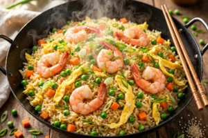 Shrimp fried rice in a wok with plump shrimp, peas, carrots and scallions