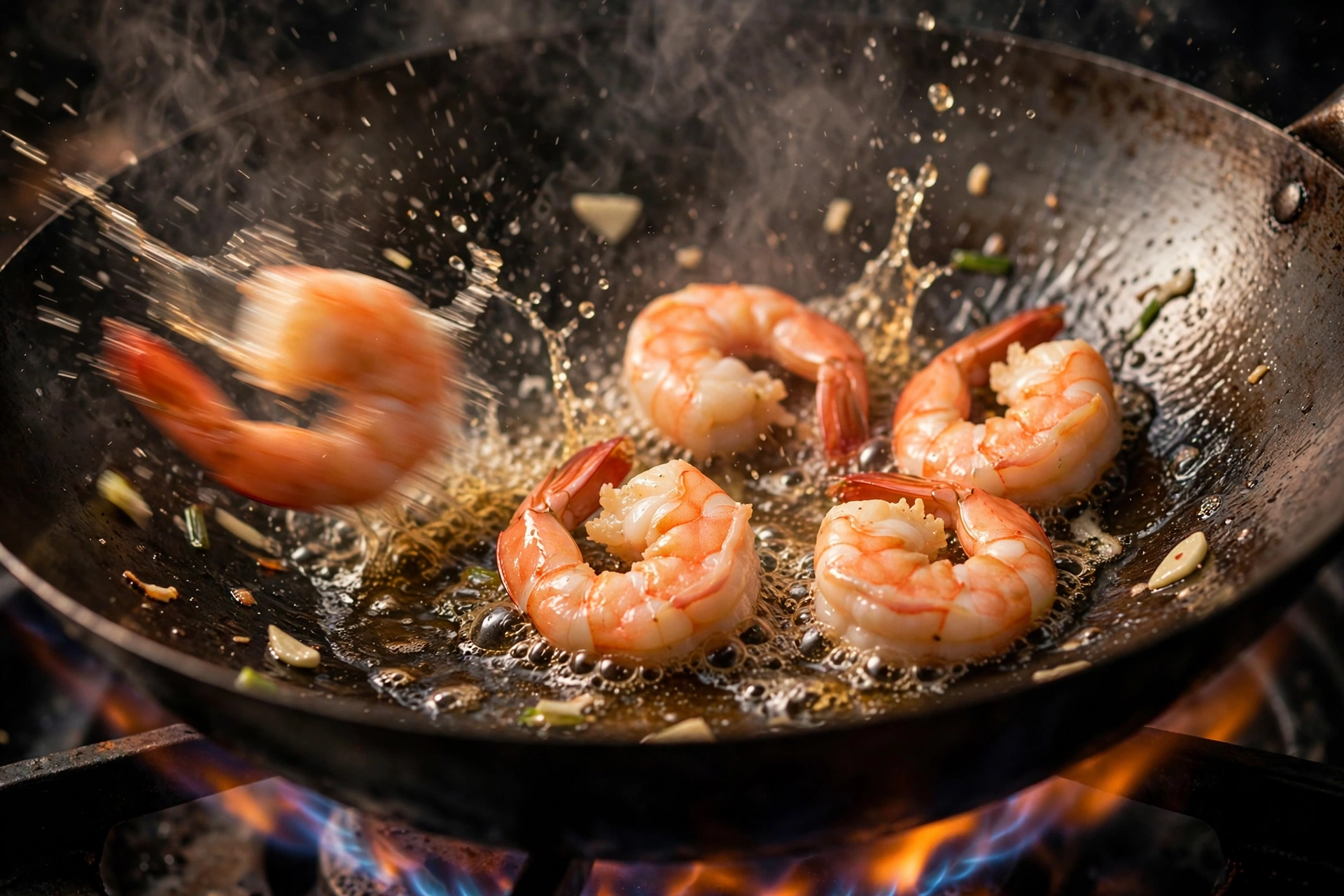 Shrimp searing in a hot wok