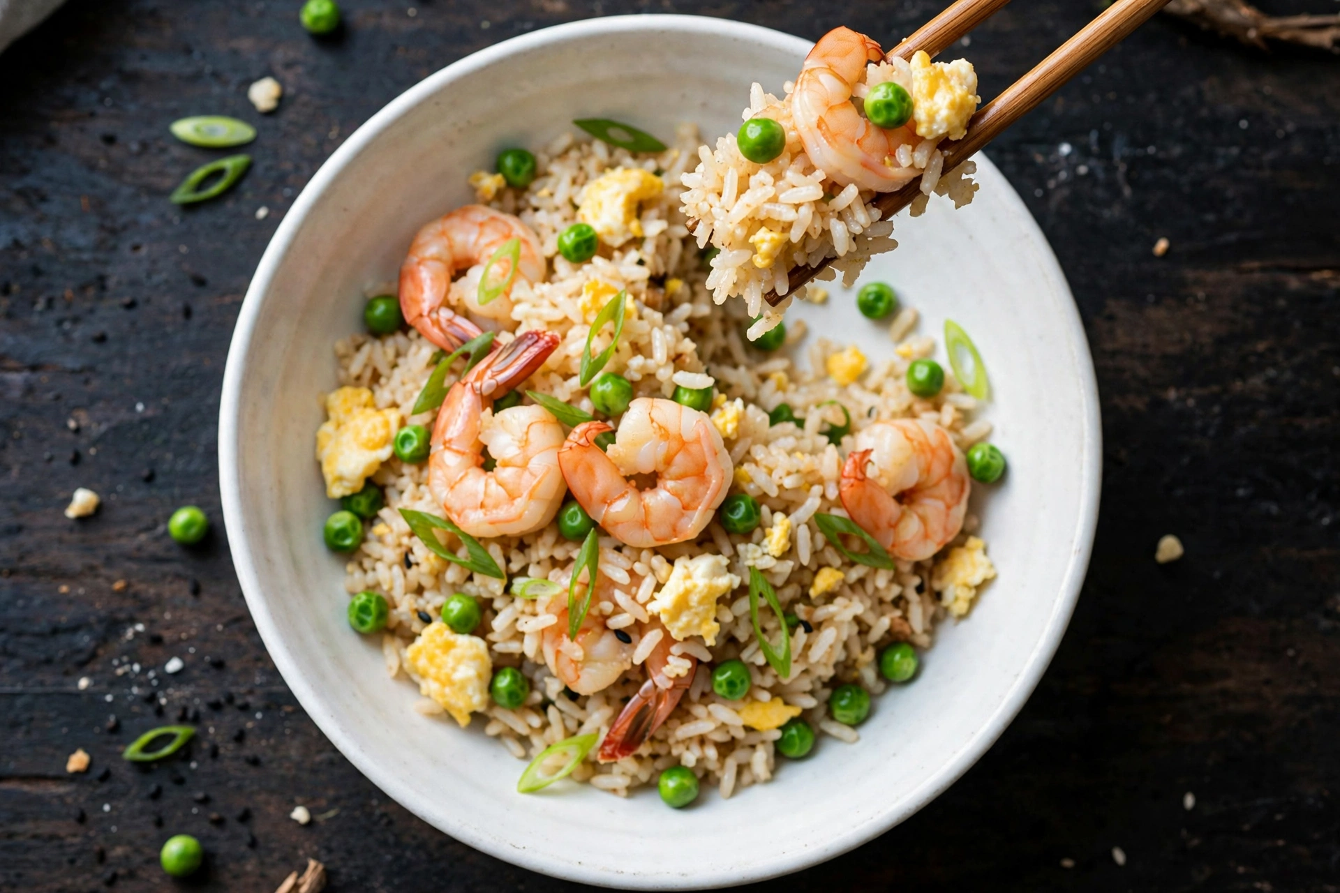 Bowl of shrimp fried rice with chopsticks