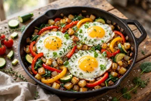 Skillet veggie breakfast hash with sunny-side-up eggs