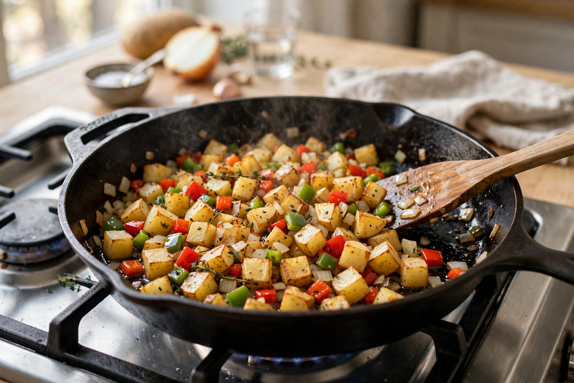 Vegetables cooking in a cast iron skillet for breakfast hash