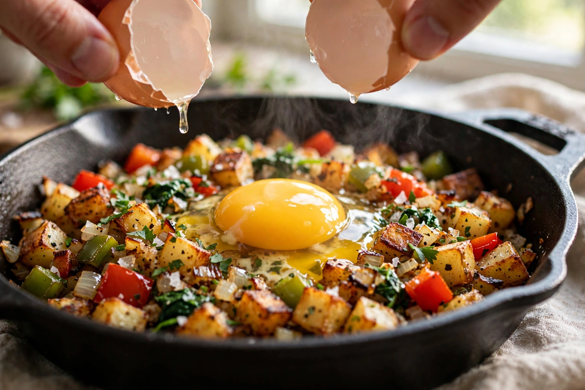 Breakfast hash with crispy potatoes and eggs