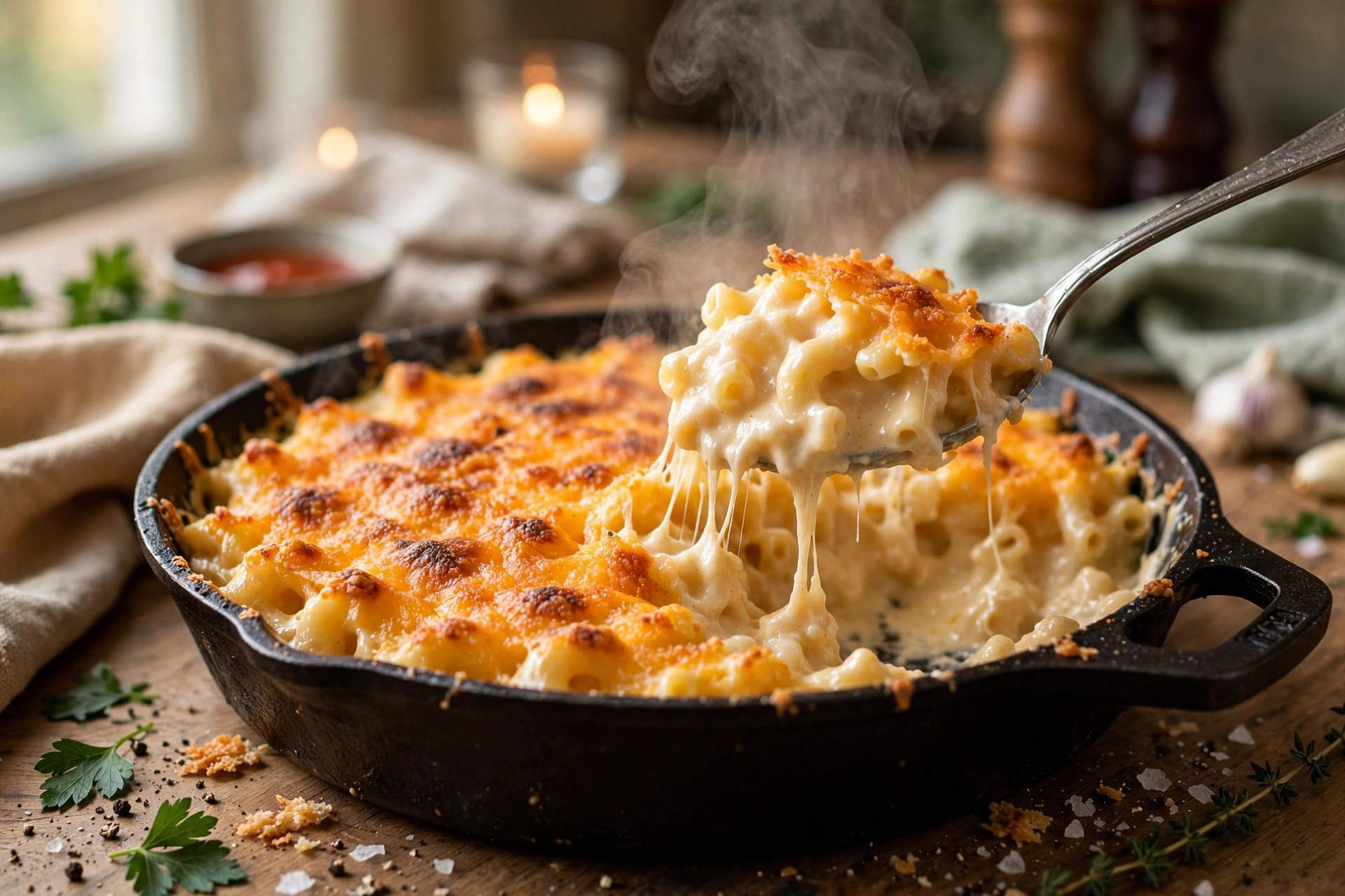 Southern baked mac and cheese in a cast iron skillet with a crispy golden cheddar crust