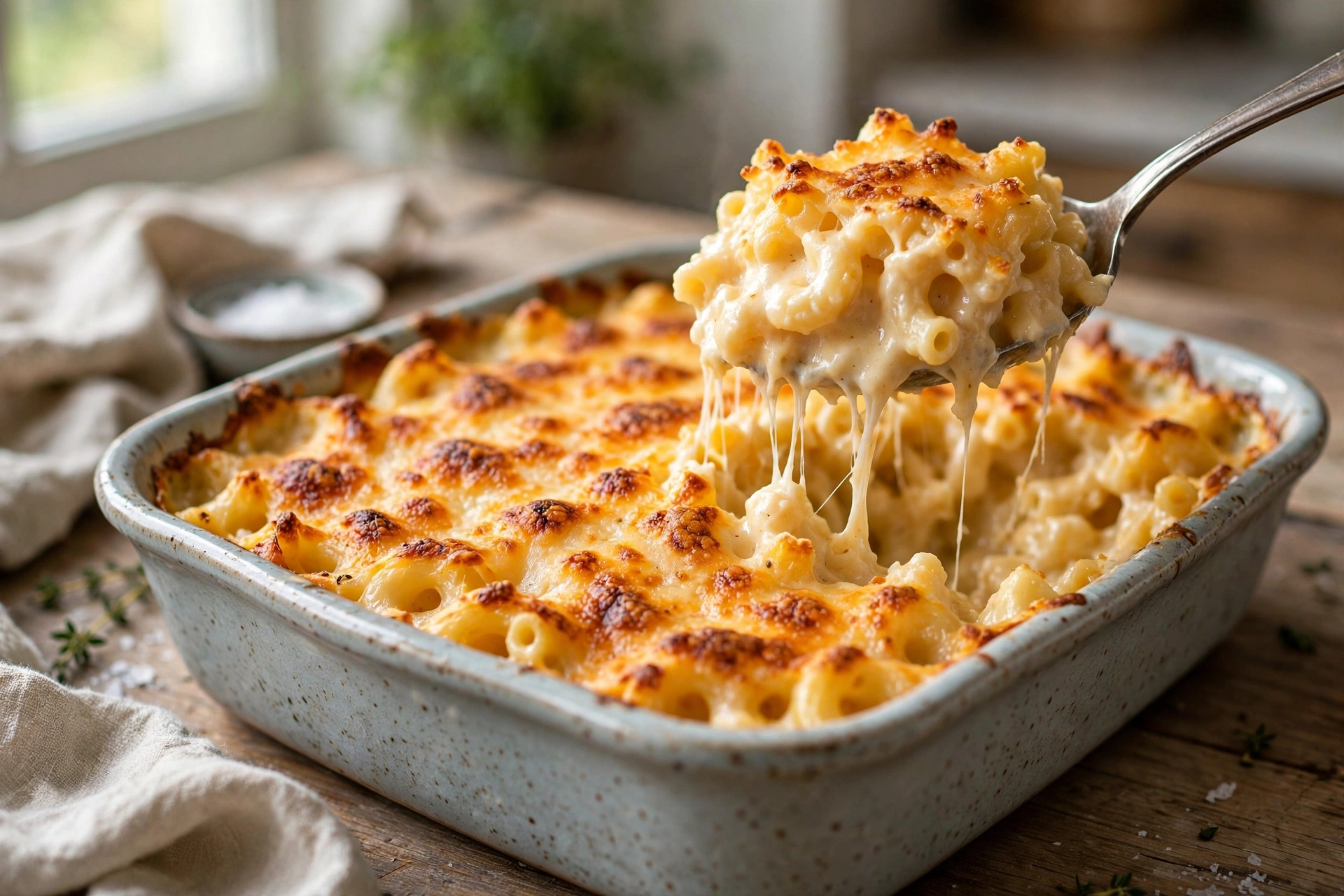 Southern baked mac and cheese with a golden top in a baking dish